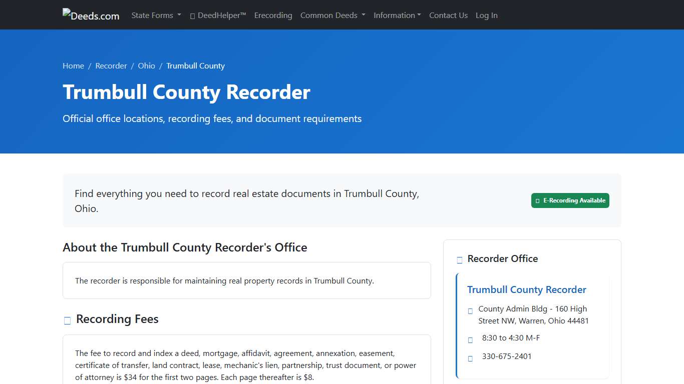 Trumbull County Recorder Information, Ohio - Deeds.com